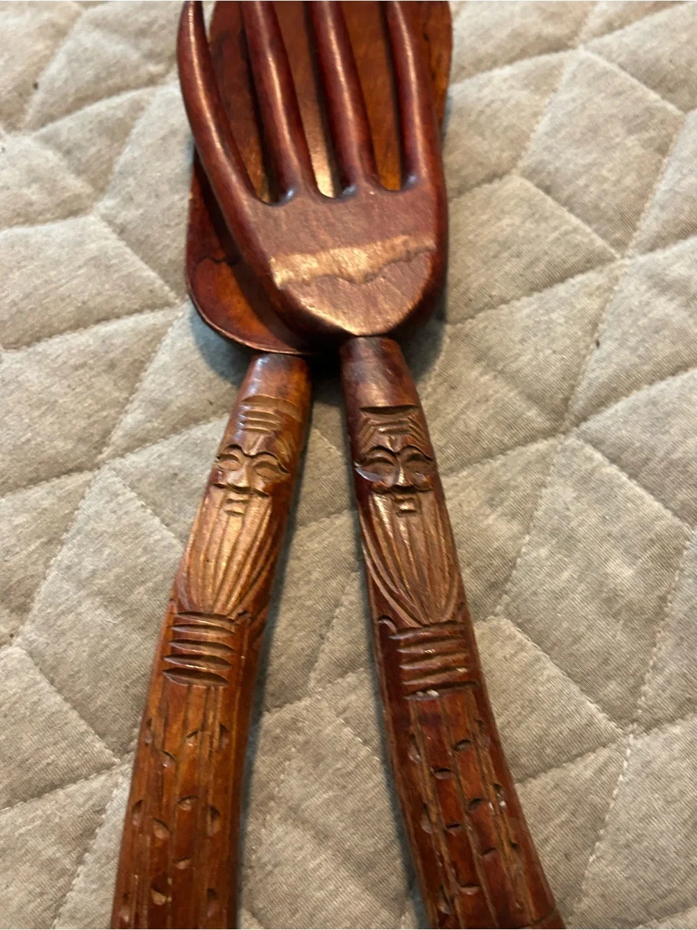 Hand-Carved Wooden Salad Serving Spoon and Fork - Brown
